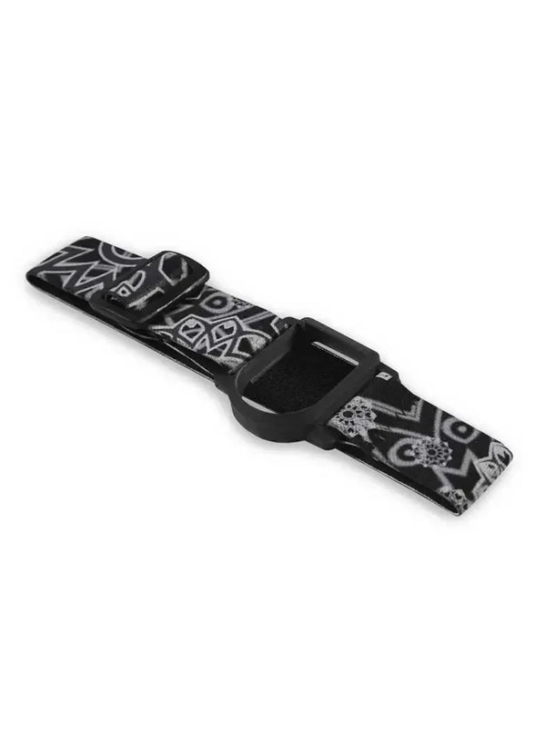 Adjustable black and white patterned GlucoMen Day CGM armband for blood glucose sensor with secure clip and ergonomic design