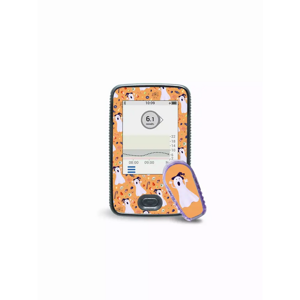 Dexcom G6 Receiver and Transmitter with Halloween Edition stickers featuring festive designs.