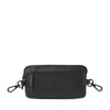 Stylish black leather waist pack for insulin pump and essentials with zippered pockets and hooks.