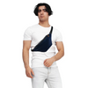 Navy blue Dia-Fanny Pack worn diagonally over a white t-shirt for diabetic supplies