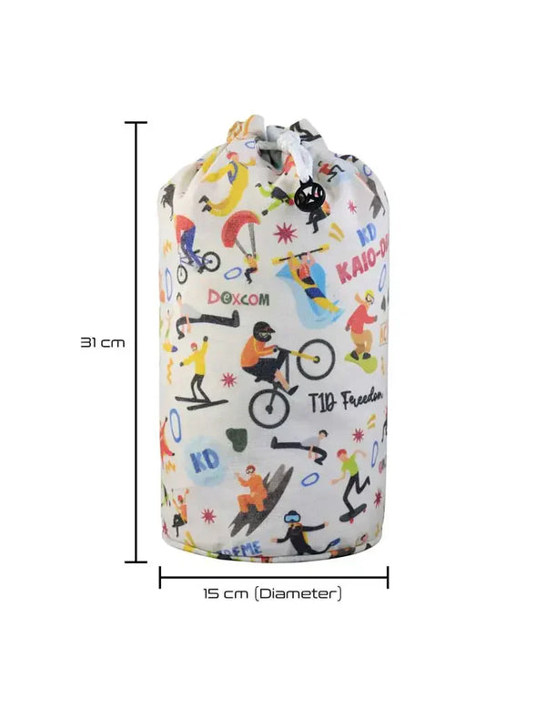 Dia-Bucket Bag with diabetes-themed illustrations, 31cm height, 15cm diameter, colorful design on canvas.