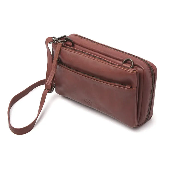 Side view of Brown Leather Diabetic Supplies Shoulder Bag - MARLY