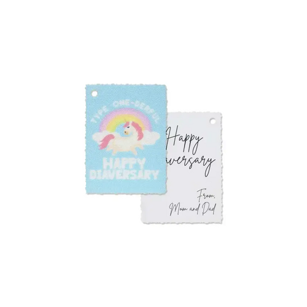 Diaversary gift tags with colorful unicorn and rainbow design, celebrating diabetes anniversaries.