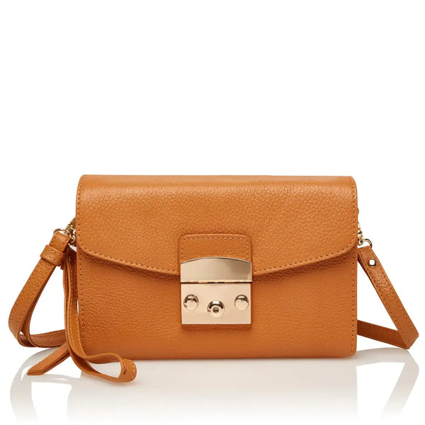 Elegant tan leather shoulder bag for diabetics with adjustable strap and secure clasp closure