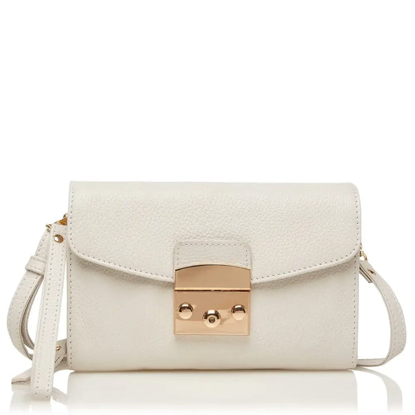 White feminine leather shoulder bag for diabetics with gold clasp and adjustable strap
