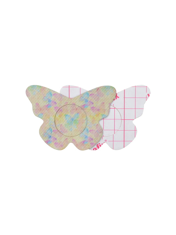 FreeStyle Libre 2 butterfly shape patch front and back view, showing printed fabric and adhesive side for sensor support