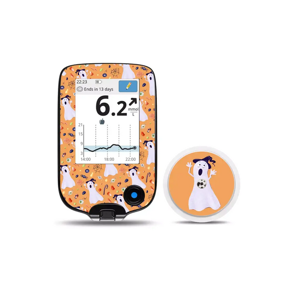 Freestyle Libre Reader and Sensor Stickers in Halloween designs with ghost motifs.