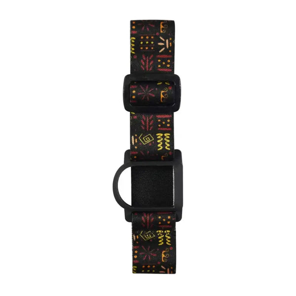 GlucoMen Day CGM adjustable armband with colorful tribal patterns and black sensor holder