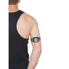 Man wearing GlucoMen Day CGM adjustable armband with blood glucose sensor on upper arm