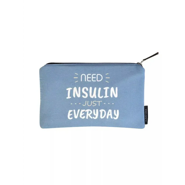 Zipper bag for diabetics with insulin message and compartments for glucose supplies.