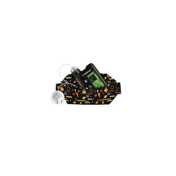 Colorful patterned makeup bag with cosmetics in a Dia-Body Pouch for insulin pumps