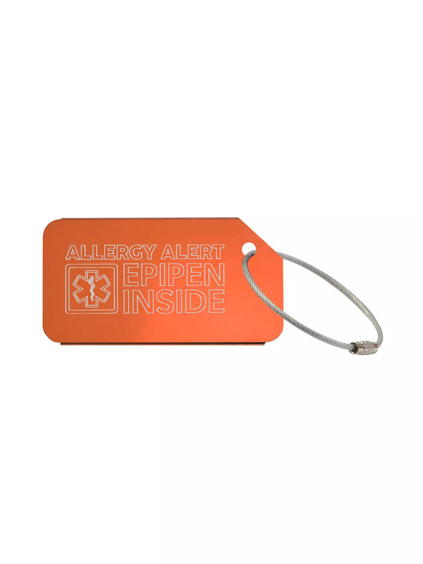 Orange medical luggage tag with the text 'Allergy Alert Epipen Inside' engraved.