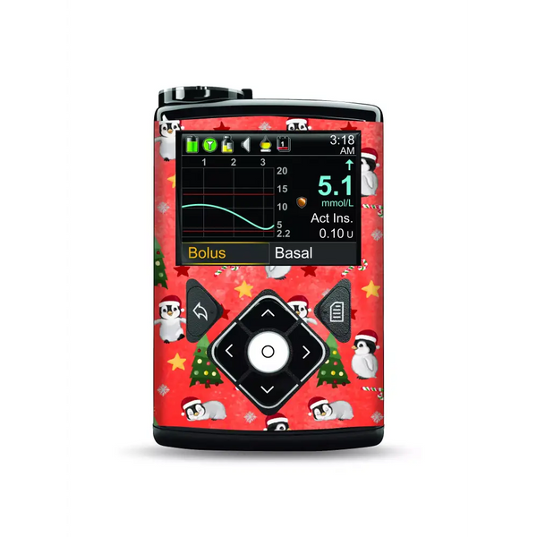 Insulin pump decorated with festive skin from Medtronic MiniMed Stickers Christmas 2024