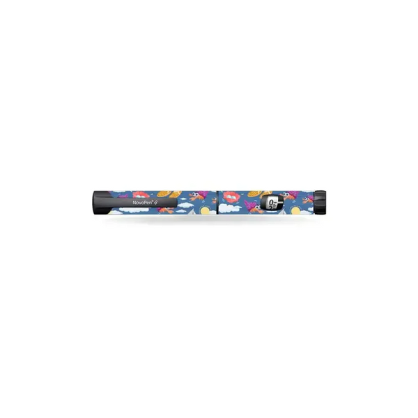 Novopen Echo insulin pen with vibrant kids' stickers from Summer Vibes series featuring playful designs.