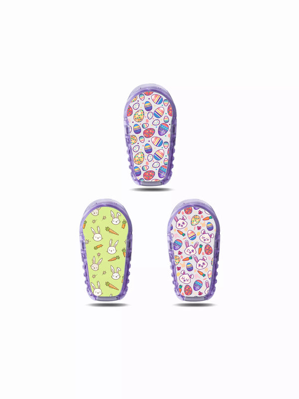 Easter-themed Dexcom G6 sensor stickers with bunnies and colorful eggs.