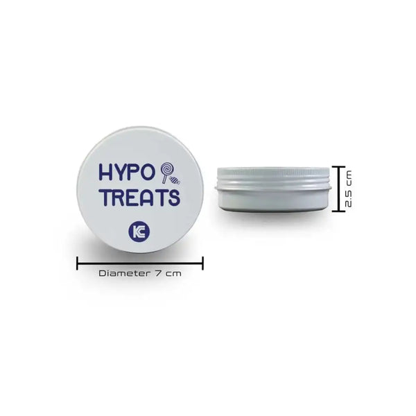 The HYPO TREATS tin container with dimensions noted (7 cm in diameter and 2.5 cm in height).