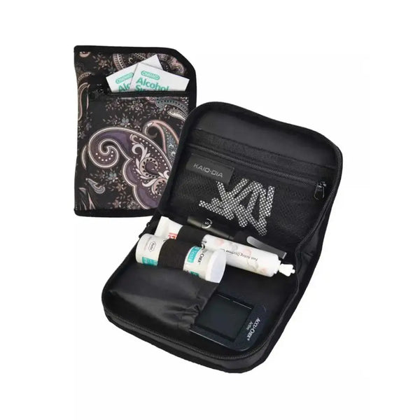 Compact Dia-MiniCase for diabetic travel, featuring compartments for glucose meters, needles, and essentials in a stylish design.