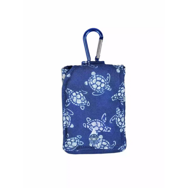 Insulin pump pouch for kids with cooling system, featuring a blue turtle design and carabiner for easy attachment.