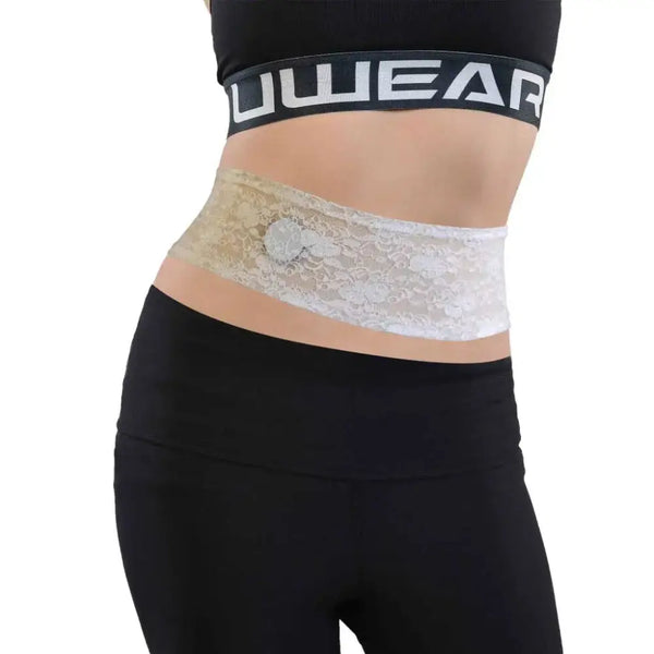 Lace waistband for glucose sensor and insulin pump, designed for comfort and fit.