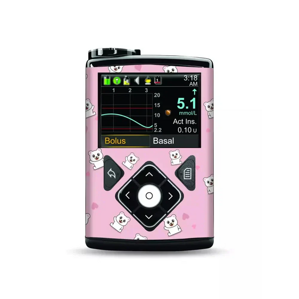 Medtronic MiniMed insulin pump decorated with pink funny animal vinyl sticker, water-resistant and compatible with 630G, 640G, 670G, and 770G models.