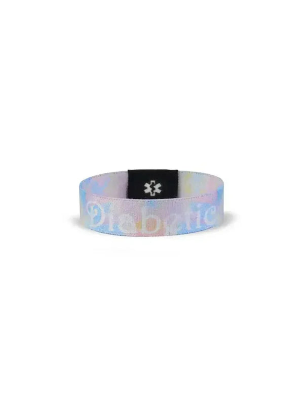 Reversible Type 1 Diabetes awareness wristband for children with "Diabetic" text and colorful summer design.