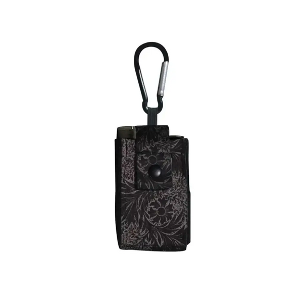 Compact Dia-Mini universal insulin pump pouch with carabiner attachment, black floral design.