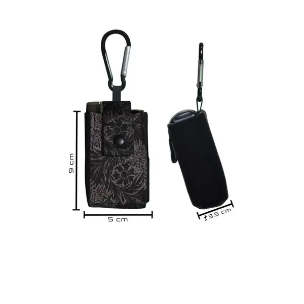 Compact universal pouch for insulin pump with carabiner, shown in dimensions 9x5x3.5 cm.