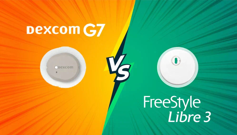 Dexcom G7 vs FreeStyle Libre 3 CGM sensors comparison showing two glucose monitoring devices side by side Obraz