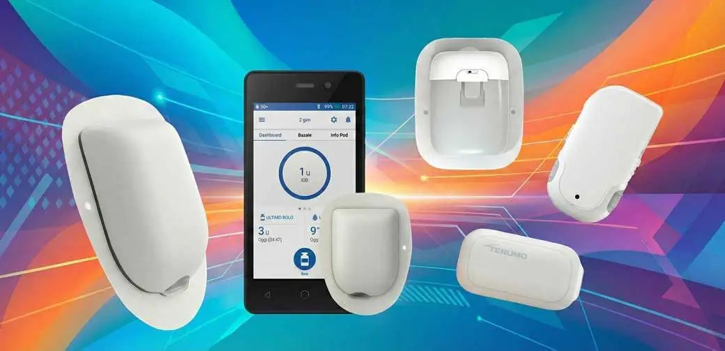 insulin patch pumps and smartphone app display showing modern tubeless insulin pump technology for diabetes management Obraz