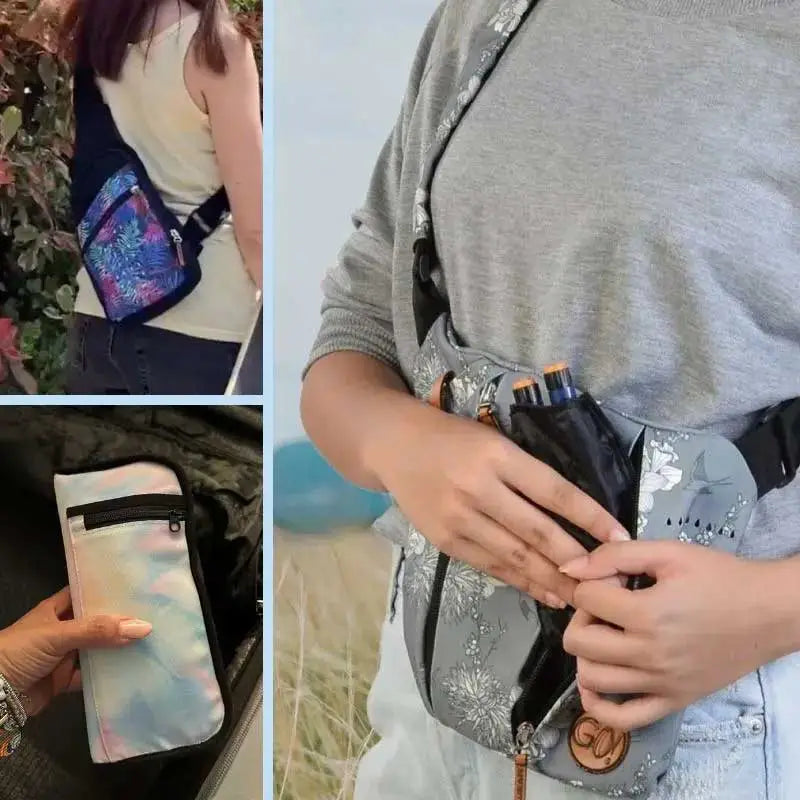 Collection of diabetes bags with cooling systems for insulin, featuring various styles like sling and fanny packs, worn by adults. Obraz