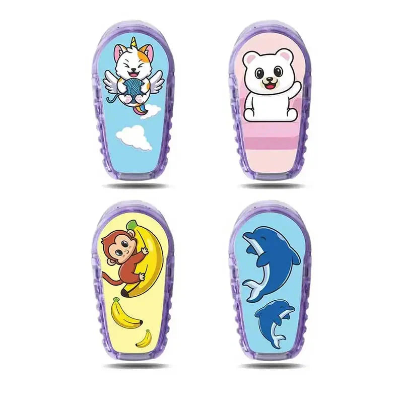 Collection of Dexcom G6 stickers featuring playful designs: unicorn cat, polar bear, monkey with bananas, and dolphins. Perfect Dexcom stickers for personalizing your glucose monitor. Obraz