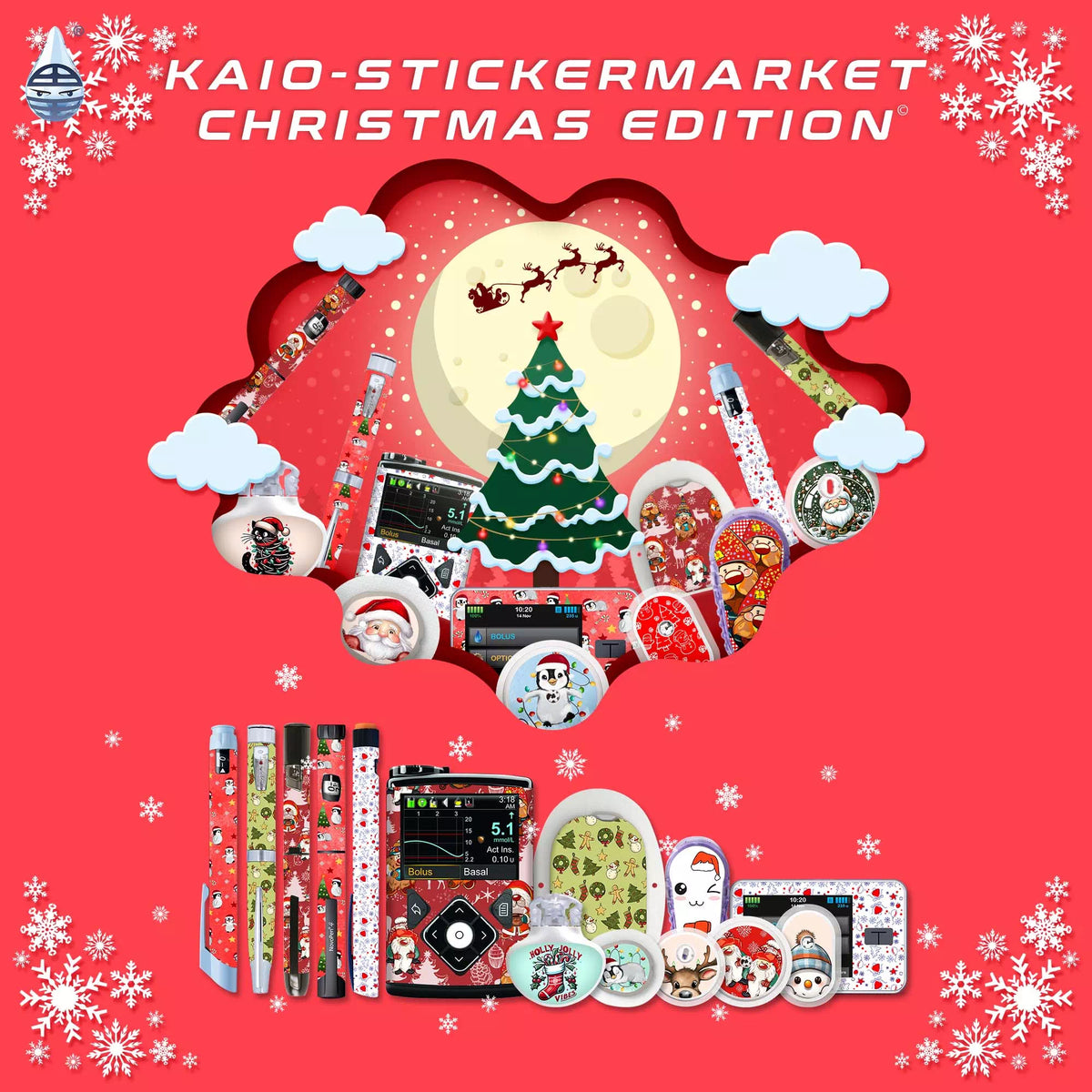 Festive collection of diabetes device stickers for Christmas, featuring colorful designs for insulin pens, CGM sensors, and pumps. Perfect for adding holiday cheer. Obraz