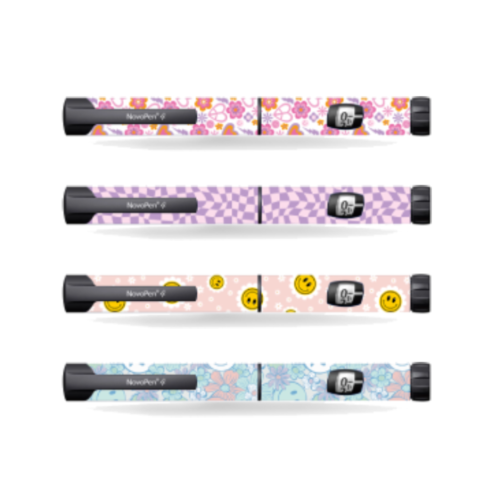 Y2K Novopen diabetes device stickers with groovy flowers, checkerboard, and smiley faces in pastel pink, purple, and blue. Obraz