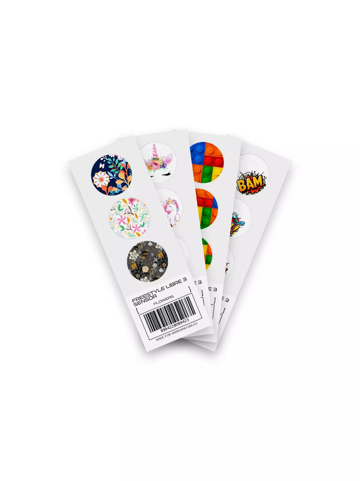 Fun Vibes Blood Glucose Sensor Stickers collection featuring designs like Flowers, Unicorn, Lego, and BAM! for Dexcom G7, Freestyle Libre, and more. Non-removable decals for CGM protection. Obraz