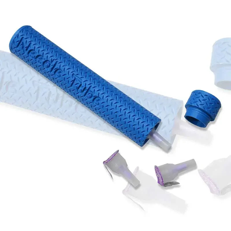 insulin pen needle storage tubes in blue textured case with removable caps for safe and hygienic storage of used insulin pen needles Obraz