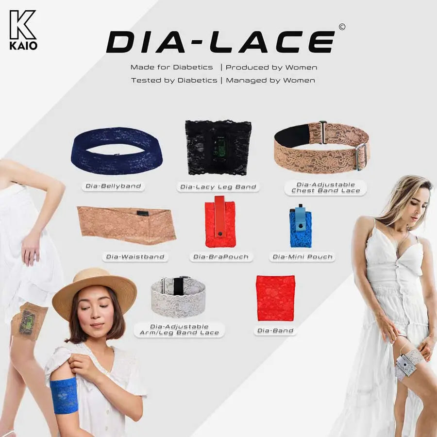 Lace accessories for insulin pumps and CGM devices, including bellybands, leg bands, waistbands, and pouches for daily wear. Obraz