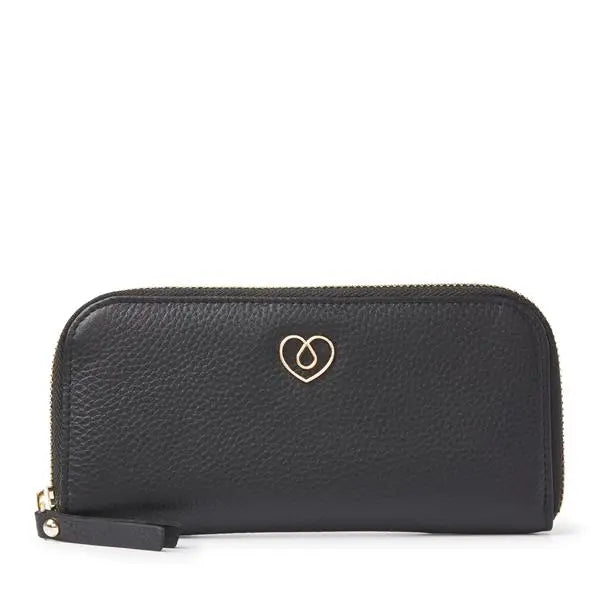 Black leather case for diabetics with gold heart emblem, protective and stylish for daily use. Obraz