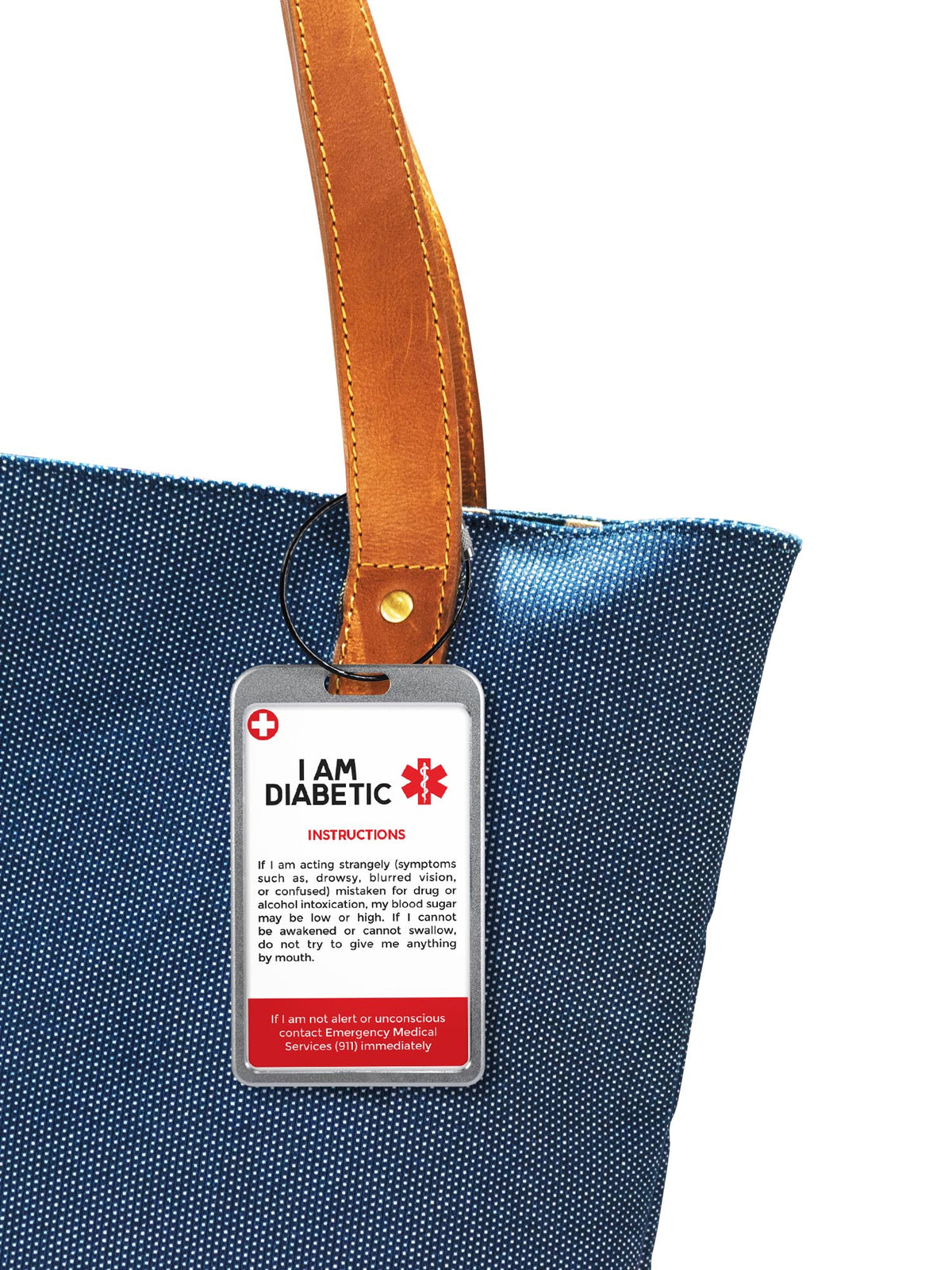 Diabetic Emergency ID Card, a Dia-Luggage ID Card, attached to a denim bag strap, providing vital instructions for emergencies. Obraz