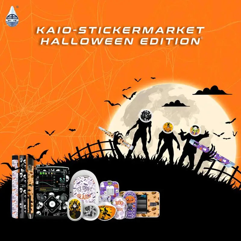 Halloween-themed image with zombies holding diabetes devices covered in Halloween stickers. "Kaio-Stickermarket Halloween Edition" text above. Obraz