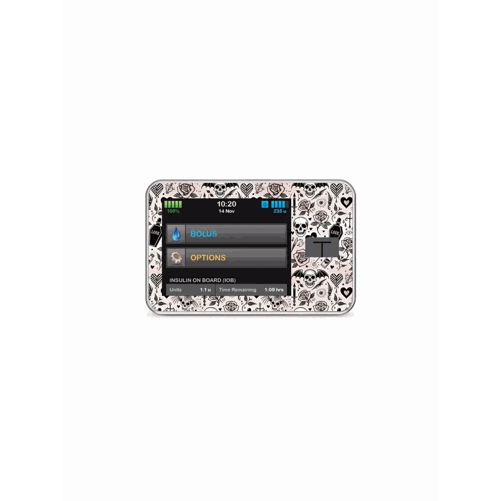 Insulin pump sticker with a black and white gothic Valentine's design featuring skulls, roses, and hearts for daily use. Obraz