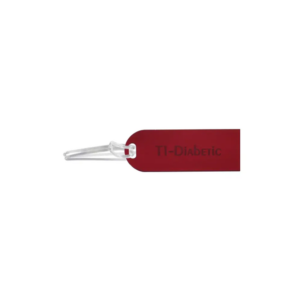 Diabetic luggage tag made from durable acrylic with T1-Diabetic inscription for easy identification.