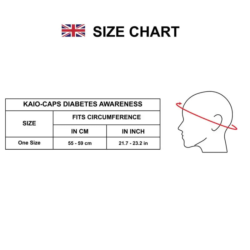 Size chart for Kaio-Caps Diabetes Awareness, adjustable strap, fits 55-59 cm.