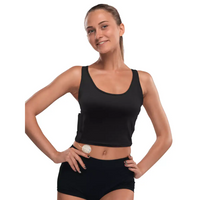 Adaptive black crop top for women with insulin pump pockets.