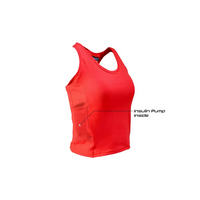 Woman's crop top for insulin pump in red, featuring dual side pockets with tubing openings.