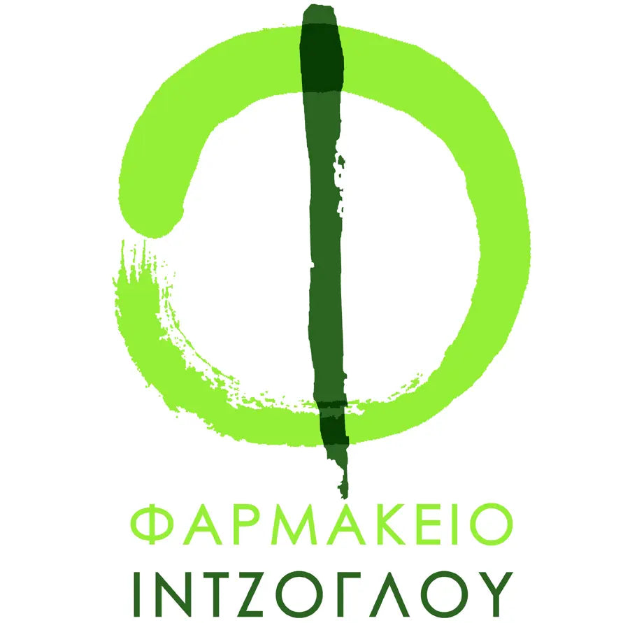 Inziglou Pharmacy Greece logo: a light green circle with a dark green vertical line, above green Greek text. Obraz