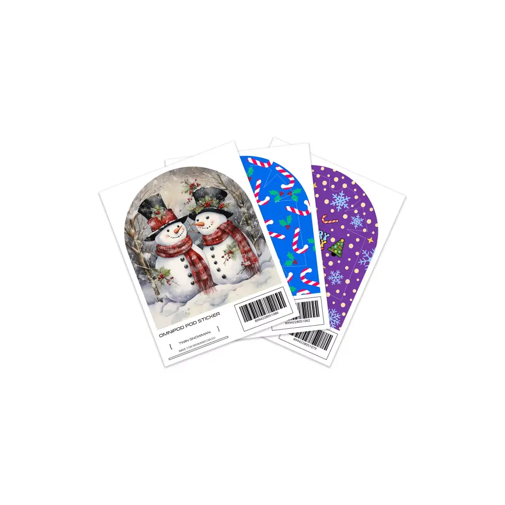 Christmas edition Omnipod POD stickers featuring festive snowman and holiday designs.