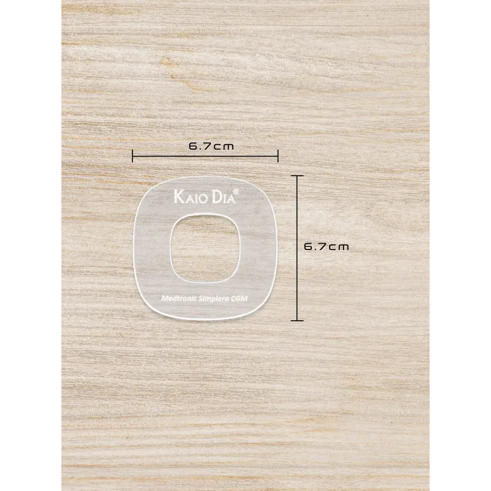CGM Sensor Patch Template - Kaio-Patch Template on wooden background with dimensions.