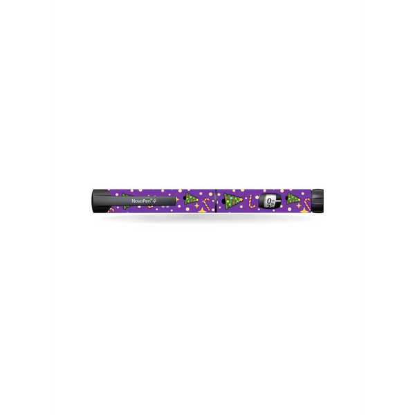 Novopen Echo insulin pen with Christmas-themed sticker featuring trees and candy canes.