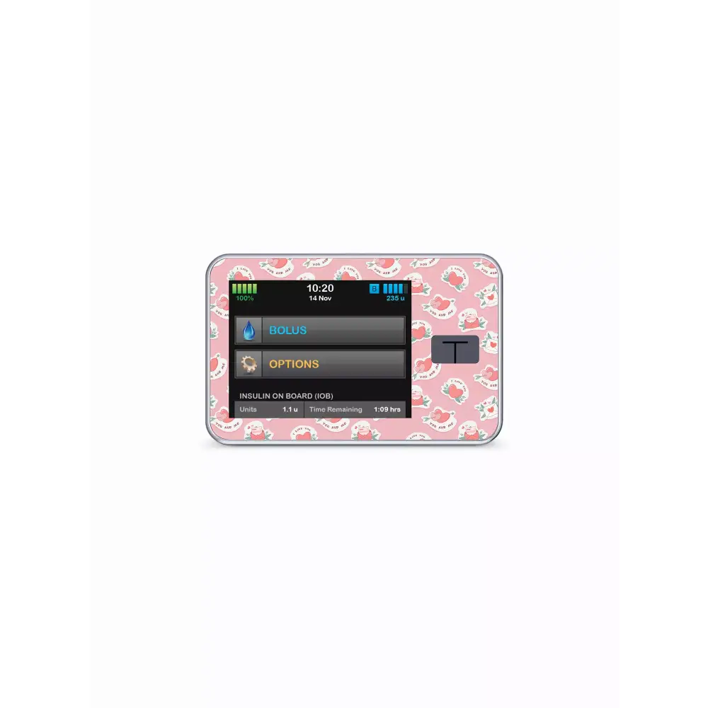 Tandem t:slim insulin pump with Valentine 2024 themed waterproof decorative sticker