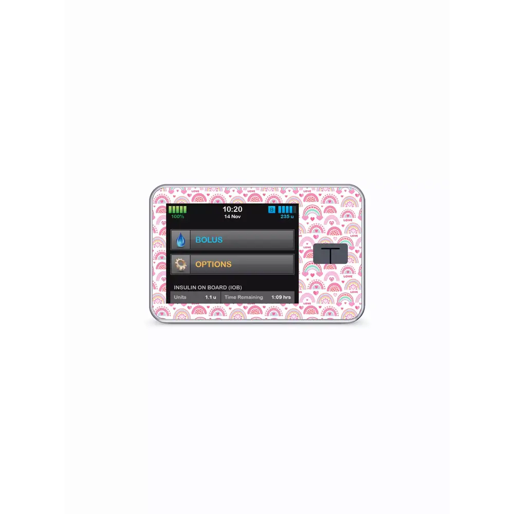 Tandem t:slim insulin pump with Valentine-themed laminated waterproof sticker featuring pink rainbow hearts design